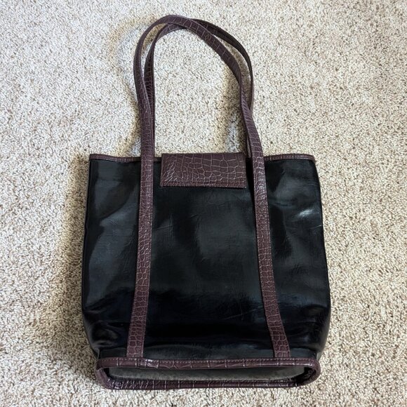 VTG Avon Natori Tote Womens Black Brown Croc Grommets Cotton Lined Vegan Leather - Picture 2 of 10